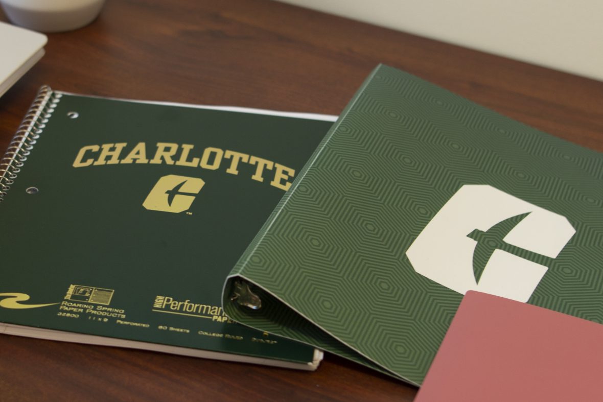 Spread of UNC Charlotte folders and notebooks.
