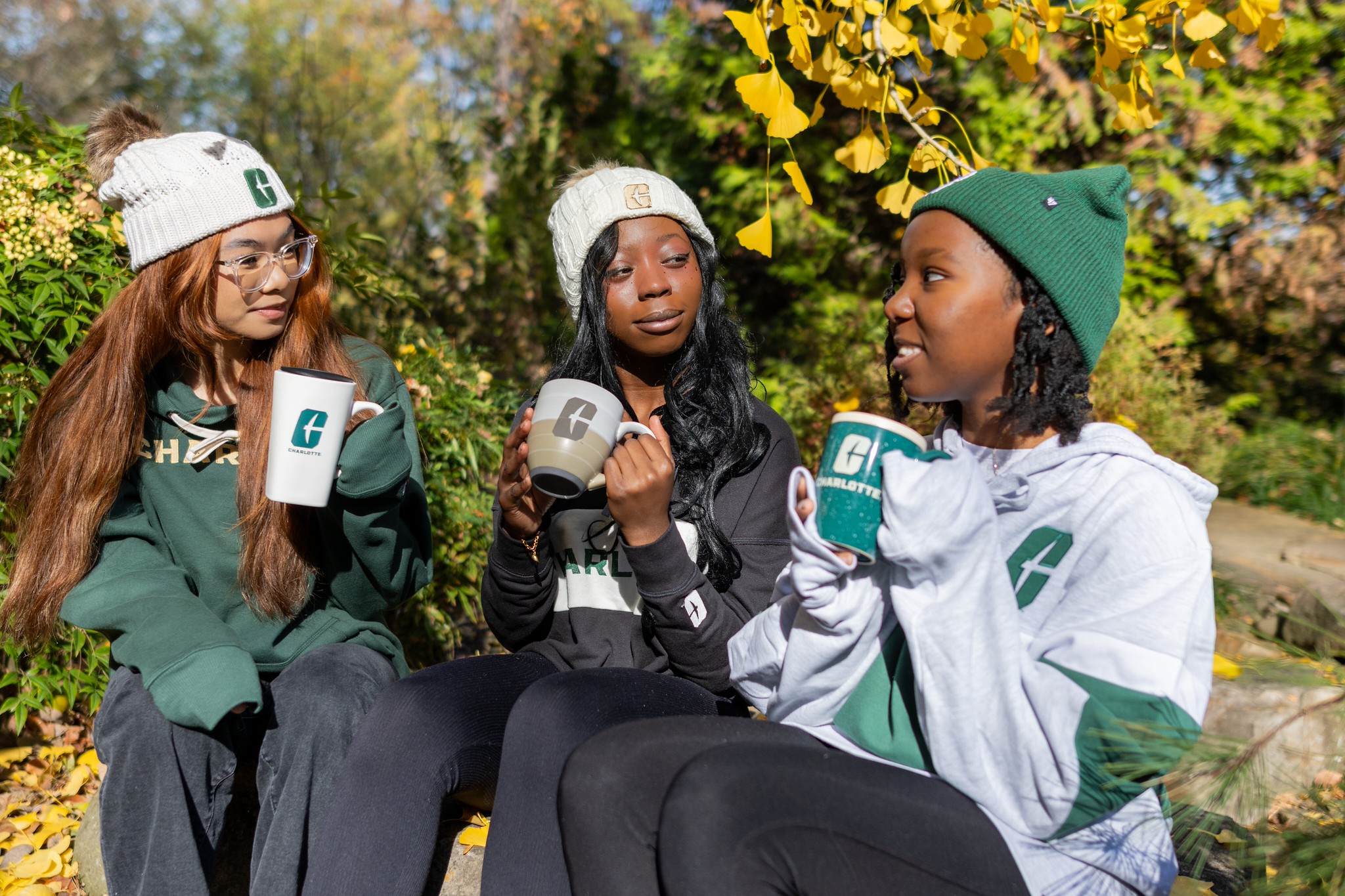 Group of students wearing Charlotte gear and enjoying the fall weather,