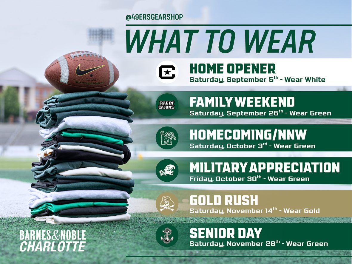 football on top of a stack of UNC Charlotte tshirts with list of home games next to it