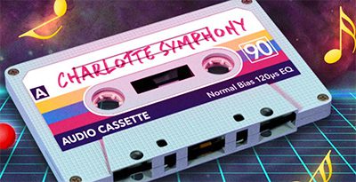 Photo illustration of a cassette tape over 80's-style laser grid background