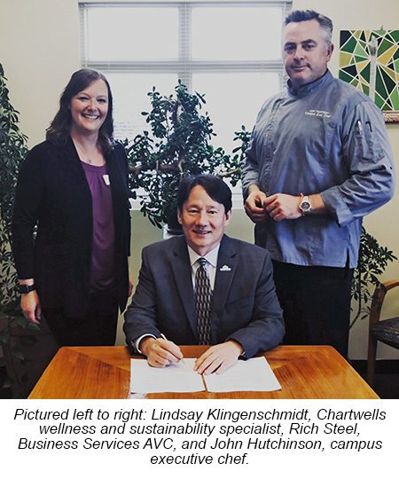 Pictured left to right: Lindsay Klingenschmidt, Chartwells wellness and sustainability specialist, Rich Steel, Business Services AVC, and John Hutchinson, campus executive chef.