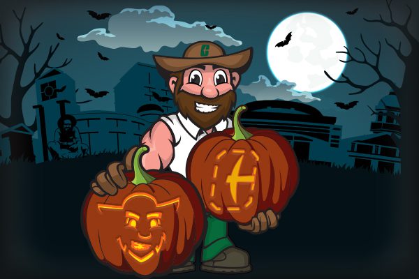 Illustration of Norm on campus at night, holding 2 carved and lit jack-o-lanterns