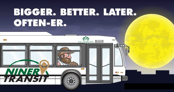 Illustration of Norm on Niner Transit bus under light of the moon