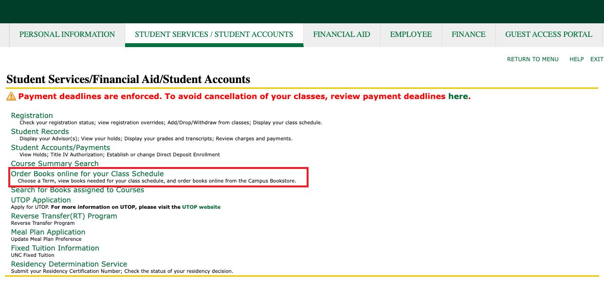 Student Services page with Order Books highlighted