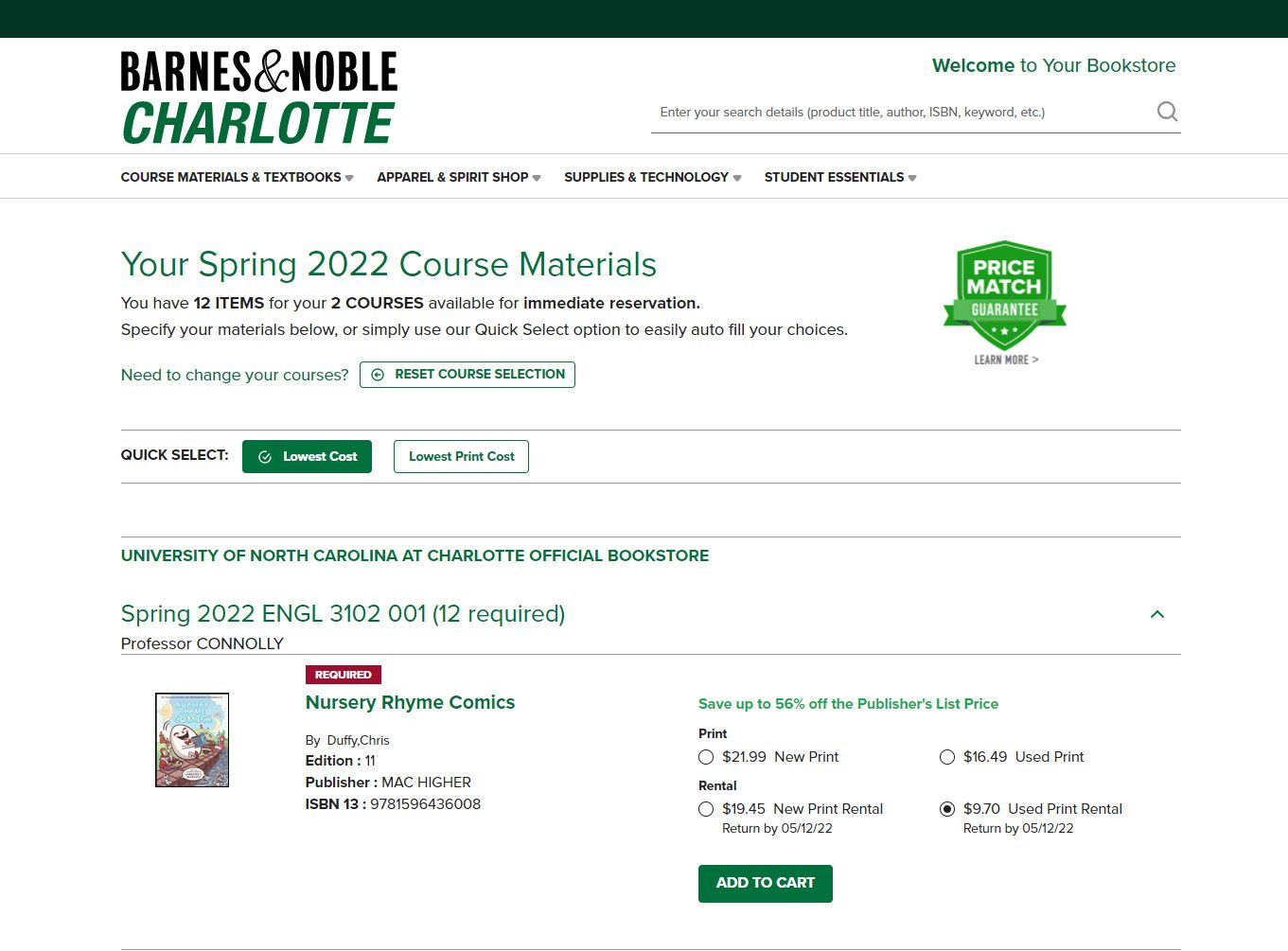 Barnes and Noble Charlotte course materials page