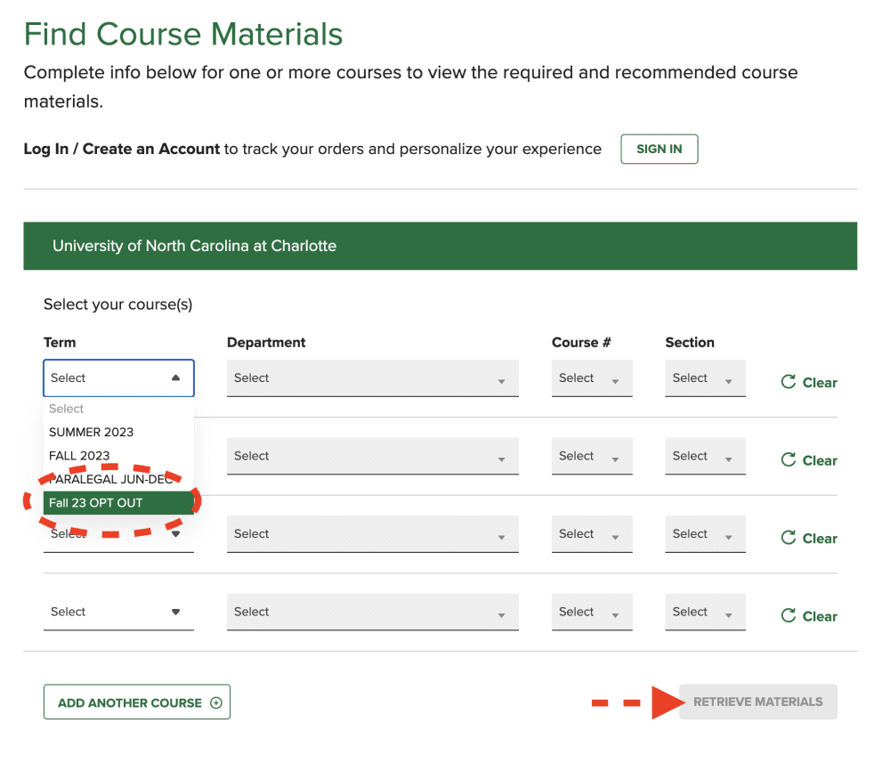 Screenshot of the Course Materials Finder page on the BNC website