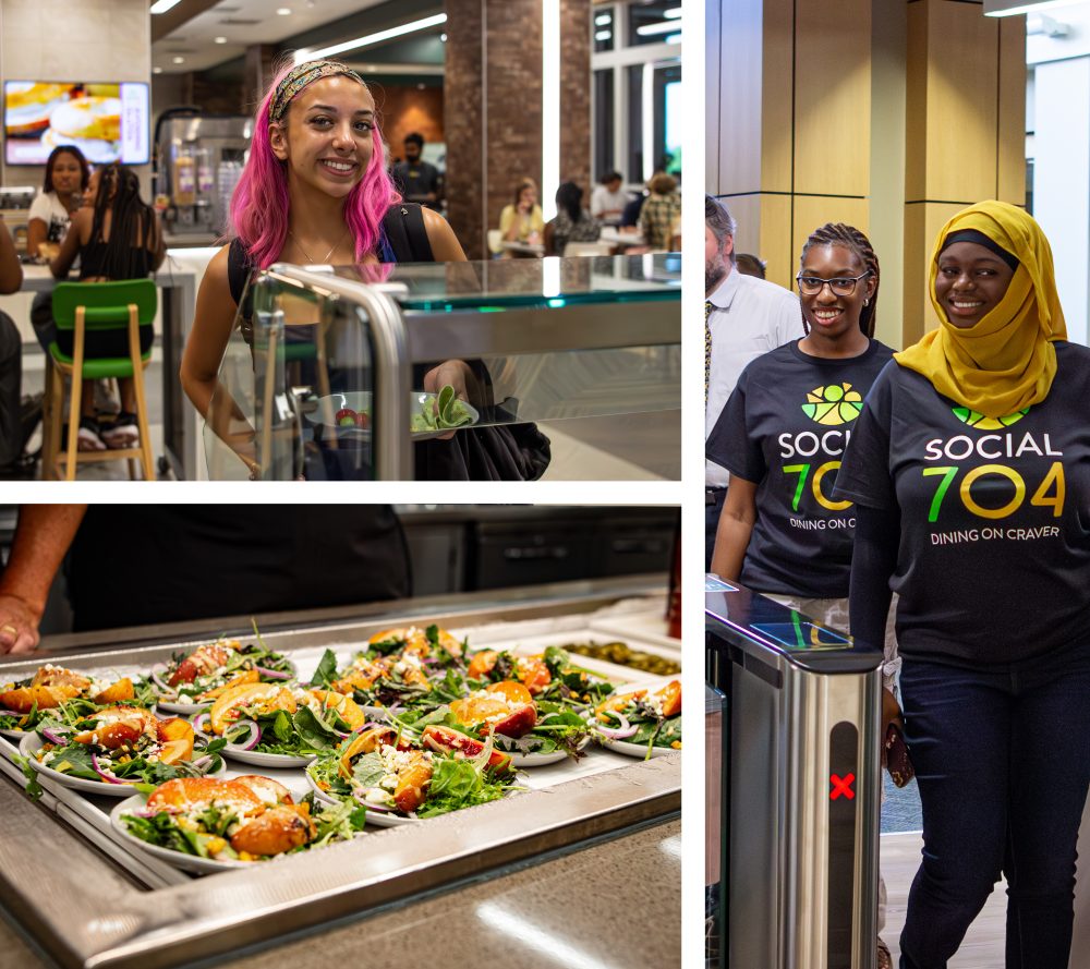 Photo collage: student smiles with a plate of salad in the dining hall, smiling students in Social 704 t-shirts walk through the express lanes, arrangement of salads with peaches and arugula on the buffet line