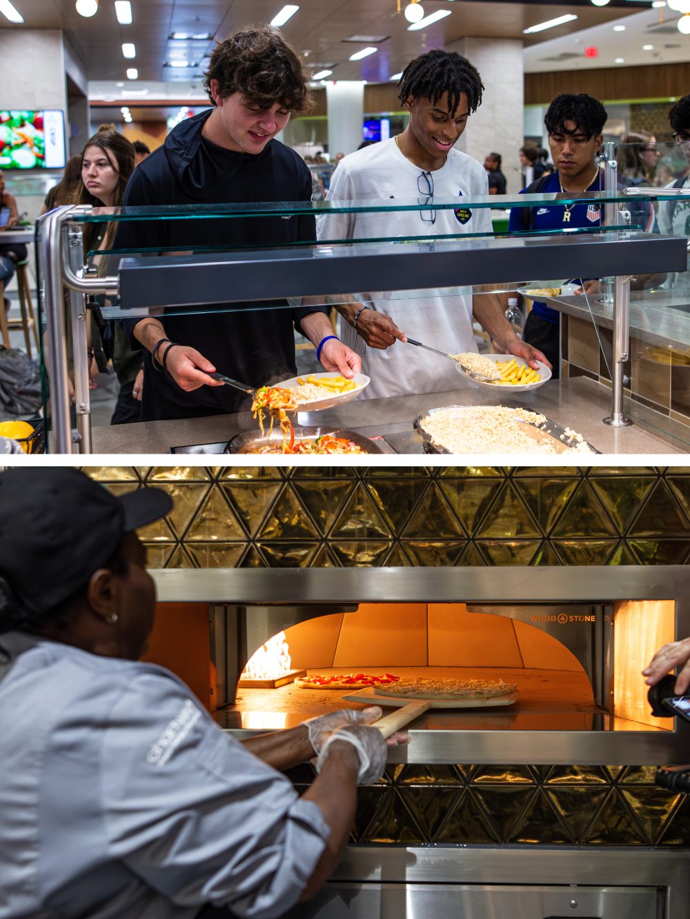 Two stacked images: students spoon chicken and rice onto plates from the buffet line, and a Chartwells cook pushes a pizza into an open oven
