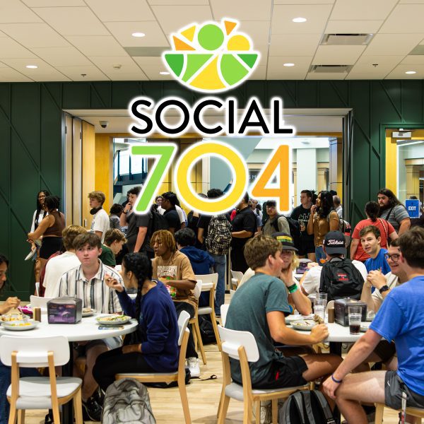 students serve themselves at buffet line, Social 704 logo
