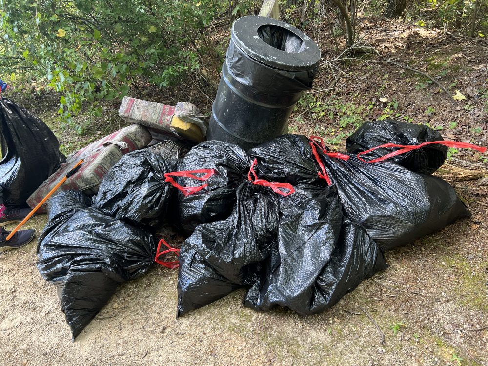 Trash piled around garbage can