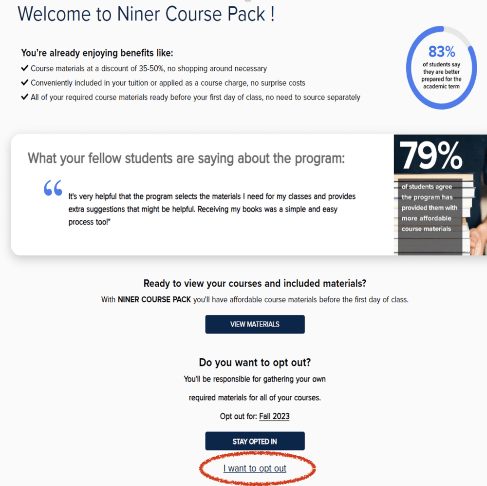 Screenshot of the Welcome to Niner Course Pack landing page with opt-out link