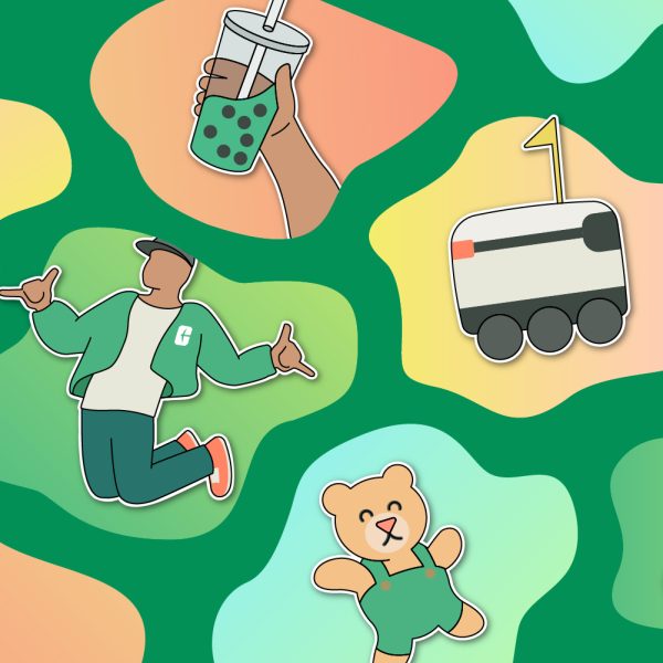 illustrations of student with Charlotte jacket, Starship robot, boba drink, and teddy bear