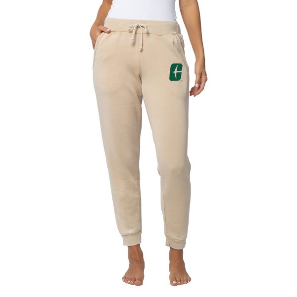 Beige sweatpants on female model with All-in-C logo on pant leg