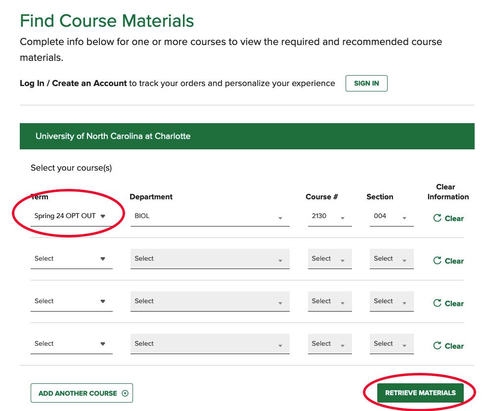 On the Find Course Materials webpage, select Spring 24 Opt Out from the Term drop-down list, enter the rest of your class details, then select retrieve materials.