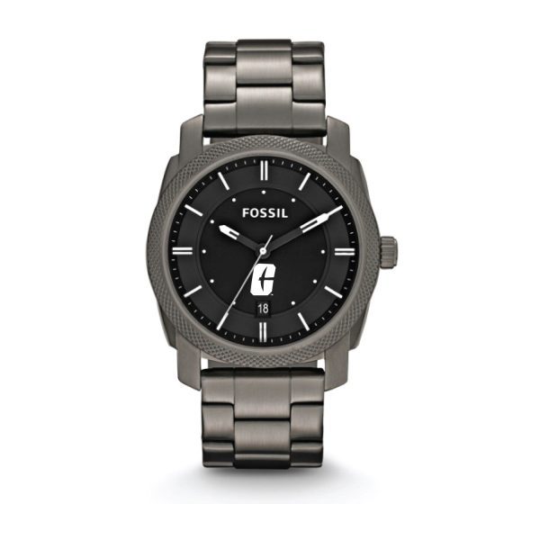 grey men's watch with Fossil logo and All-in-C Charlotte logo on the face