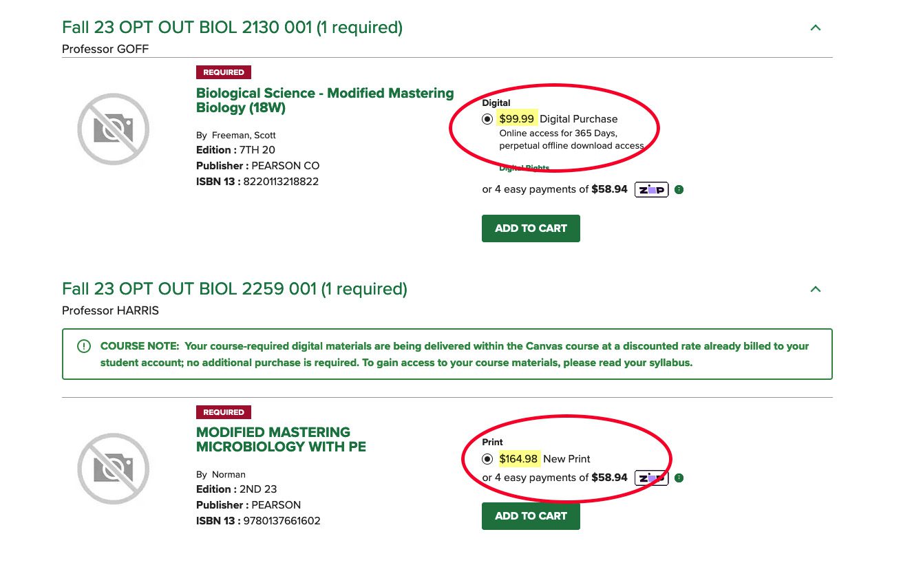 Course materials prices are listed by each as either digital or print purchase.