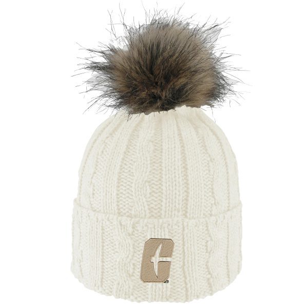 cream colored knit beanie with a fuzzy pompom on top and a gold All-in-C logo on the brim