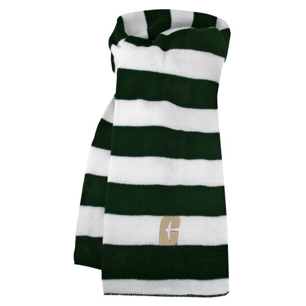 Green and white striped scarf with gold Charlotte logo at the end