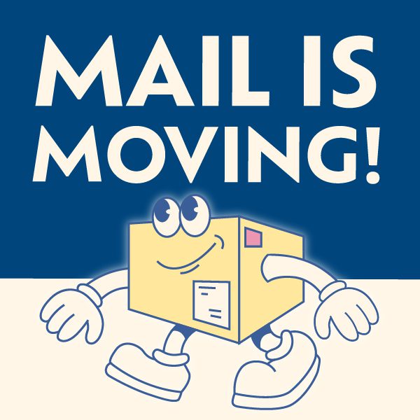 Mail is Moving! graphics with illustrated package ]