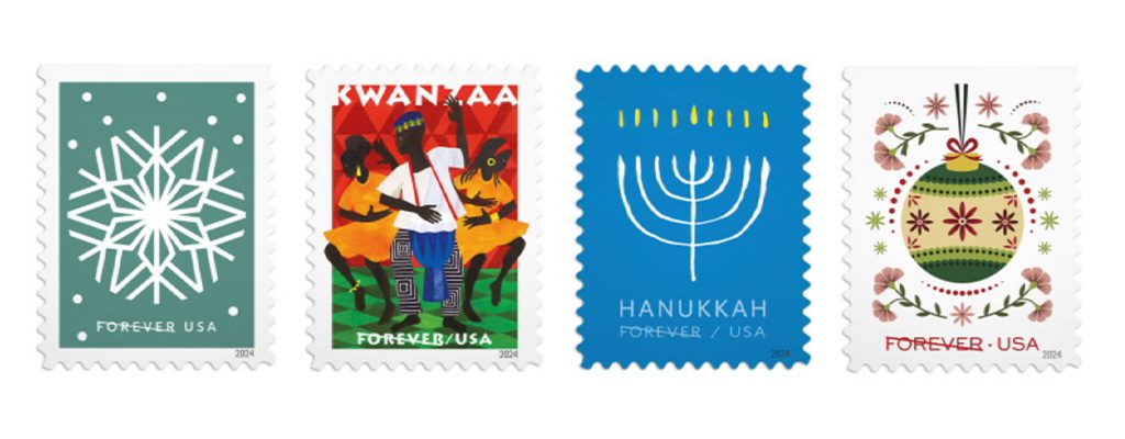 stamps with snowflake, Kwanzaa, Hanukkah, and Christmas ornament