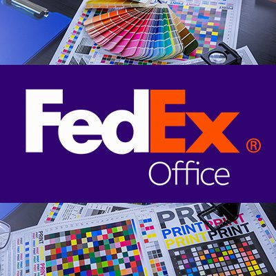 FedEx Office logo over a background image with print color swatches