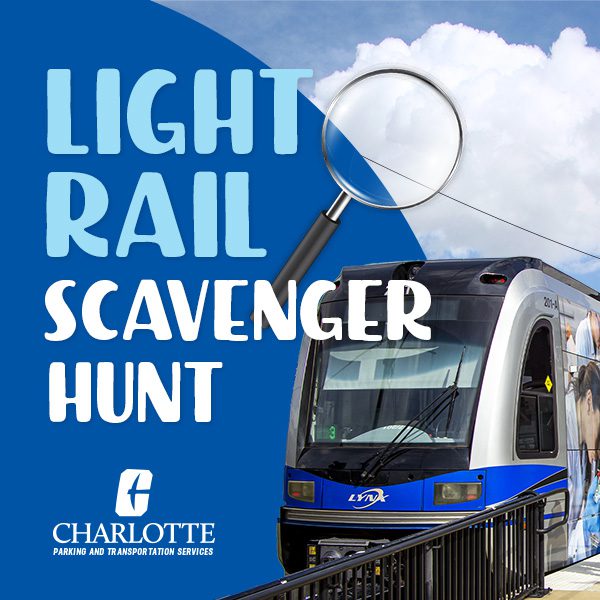 LYNX light rail train sits behind cartoon magnifying glass next to bubbly text that says "light rail scavenger hunt"