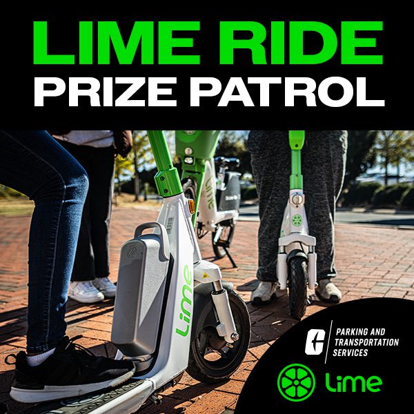 Close shot of Lime e-scooters on a sidewalk with bold green text saying "Lime Ride Prize Patrol" and Charlotte PATS 
