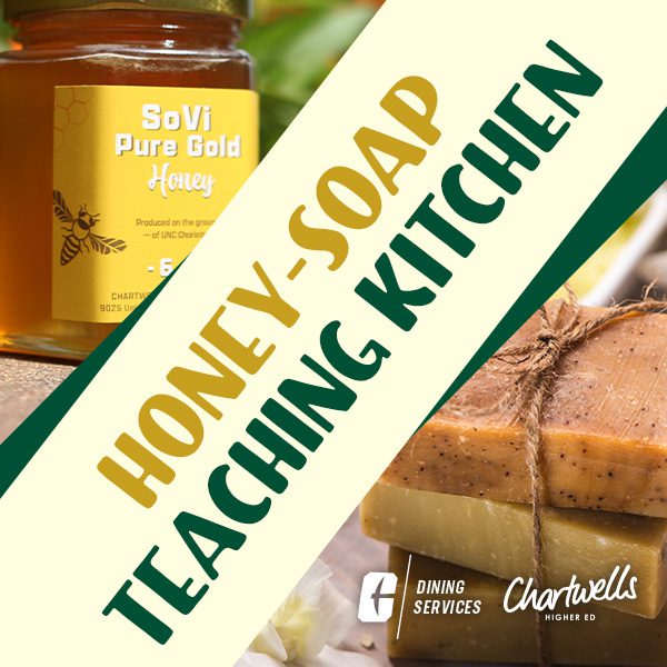 Jar of SoVI Pure Gold Honey and stack of handmade soaps sit on either side of text that says "Honey-Soap Teaching Kitchen"