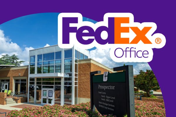 prospector building exterior behind purple and orange fedex logo