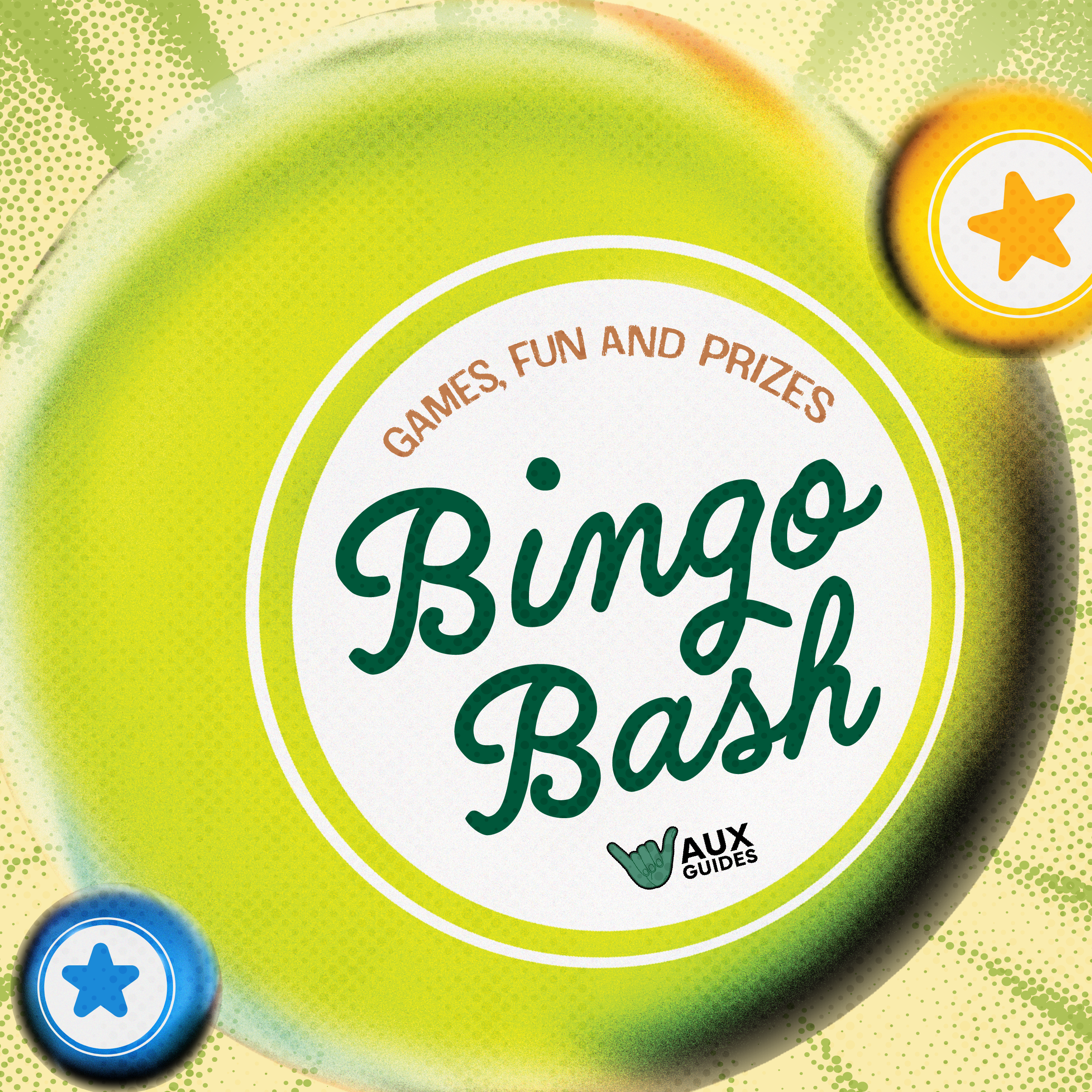 big colorful illustrated bingo ball with text inside the circle "games, fun and prizes; bingo bash" and the Niner Aux Guides logo