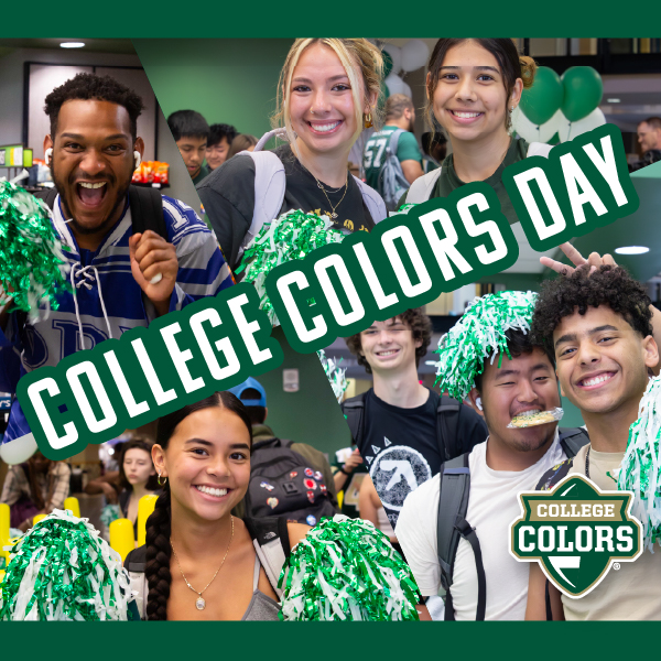 smiling Charlotte students wave pom poms at College Colors Day