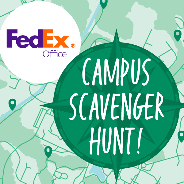 Illustrated campus map with big green company that says "Campus Scavenger Hunt!" next to the FedEx Office logo