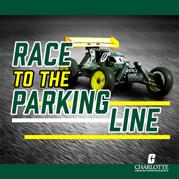 green remote control car in a driving action shot behind text "race to the parking line"